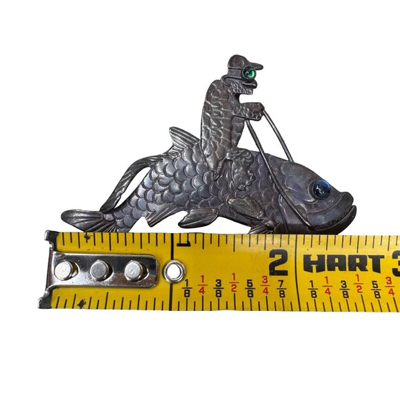 Figural Sterling Silver Turtle Riding Fish Rider Brooch Pendant Green Blue Eyes - Picture 5 of 7